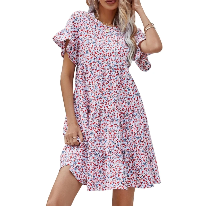 

Women Short Sleeve Round Neck Dot Print Pleated Ruffle Hem A-Line Midi Dress