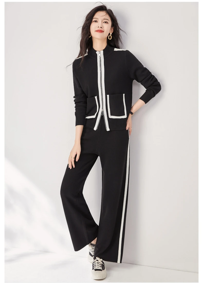 Spring Autumn Chic Women's Casaul Pantsuit High Quality Knitted Jackets + Wide Leg Pants Two Piece Set C581