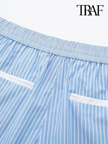 TRAF 여성용 사이드 포켓 스트라이프 패치워크 반바지, 빈티지 중간 탄성 허리 스플릿 밑단, 여성 짧은 바지, 패션 5