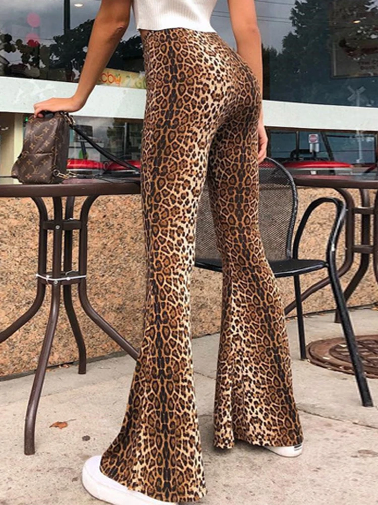 

Szkzk Leopard Printed Flare Leg Pants High Waist Trousers Bell Bottoms Women Clubwear Party Night Club Sexy Bodycon Long Pants