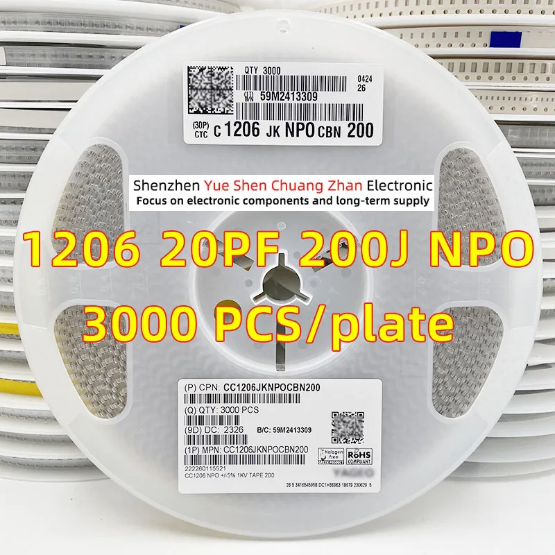 Patch Capacitor 1206 200J 20PF 20P 1000V 1KV Error 5% Material NPO/COG Genuine capacitor（Whole Disk 3000 PCS）