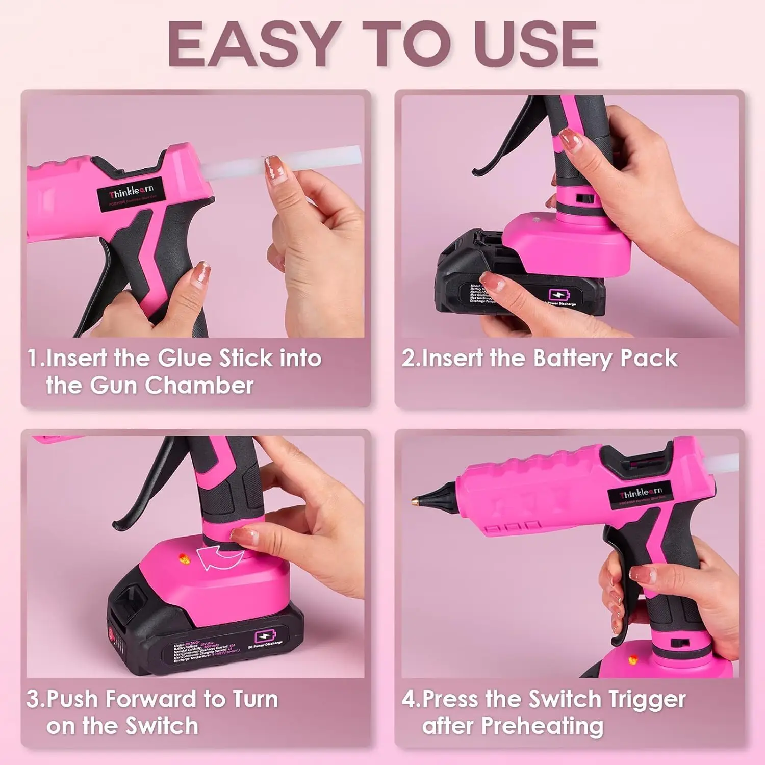Hot Glue Gun 20V Pink Cordless Glue Gun with 30 PCS Full Size Sticks 2Ah Rechargeable Battery Kit for DIY
