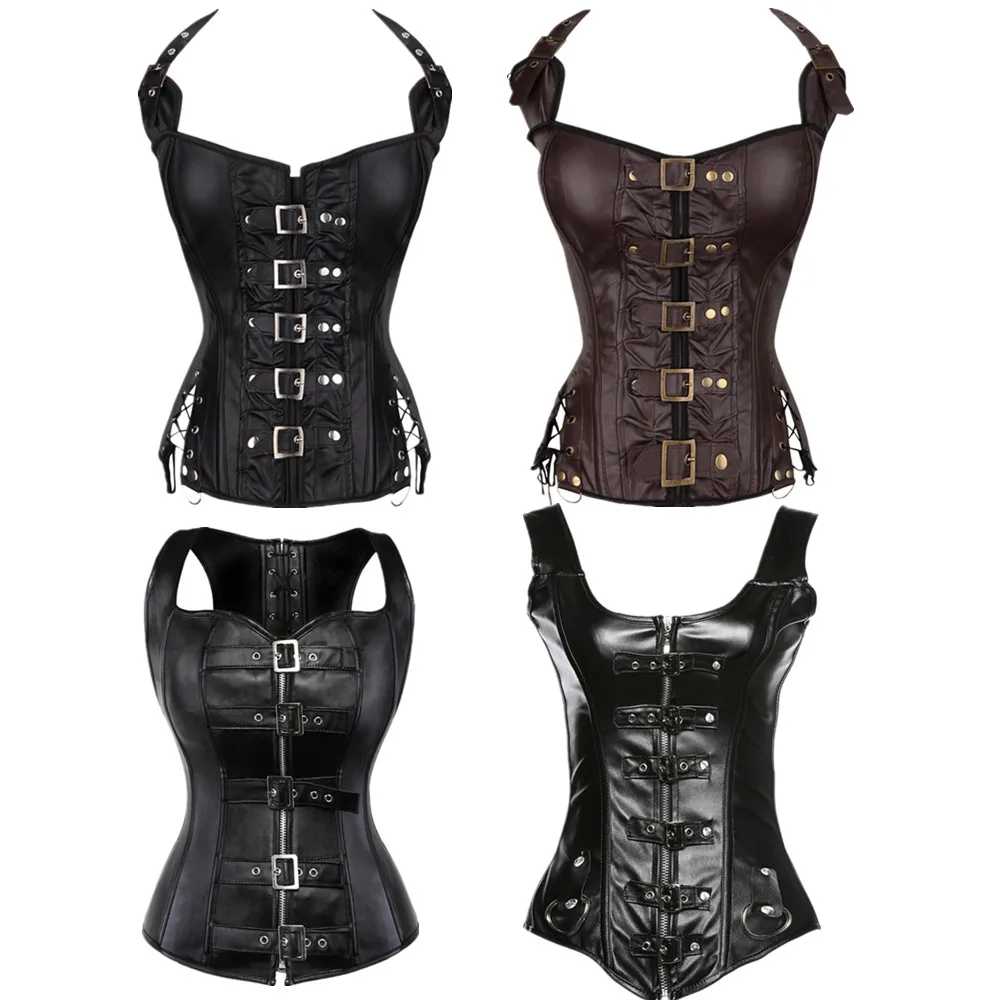 SexyWomenLeatherCorseletShoulderStrapBustiersZipperBuckled
