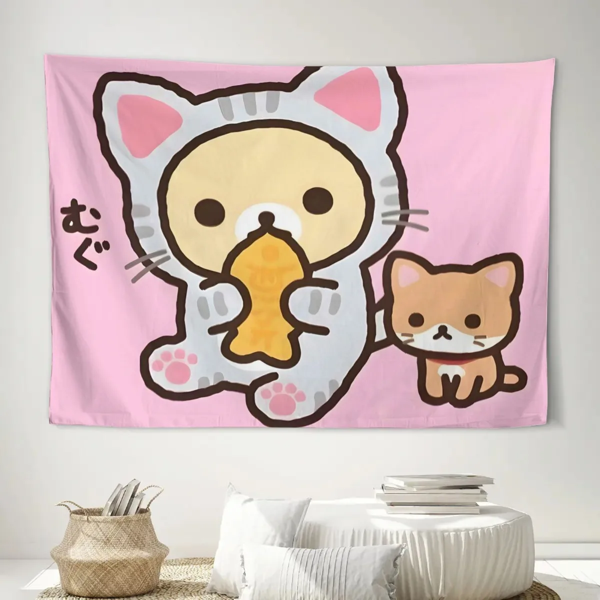 VIKAMA Rilakkuma Katzen-Outfit Wandteppich Japanischer Niedlicher Cartoon-Wandbehang für Schlafzimmer, Wohnheim, Mietwohnung, Renovierung, Hintergrund-Dekoration – Detail 7