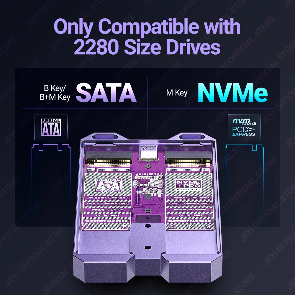 JEYI Dual Protocols SSD Enclosure (NVMe + SATA) JMS581 Chip USB 3.1 Gen2 10G Dual Bay M.2 NVMe NGFF Smart Touch Enclosure Case ssd enclosure