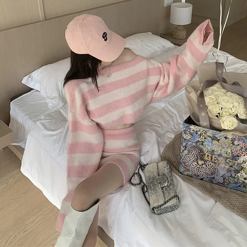 Autumn Striped Two-piece Skirt Set Women Long Sleeve Cropped Off Shoulder Top Bodycon Mini Skirt Korean Fashion Suits New