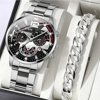 2pcs Luxury Mens Silver Quartz Watch With Stainless Steel Bracelet Men