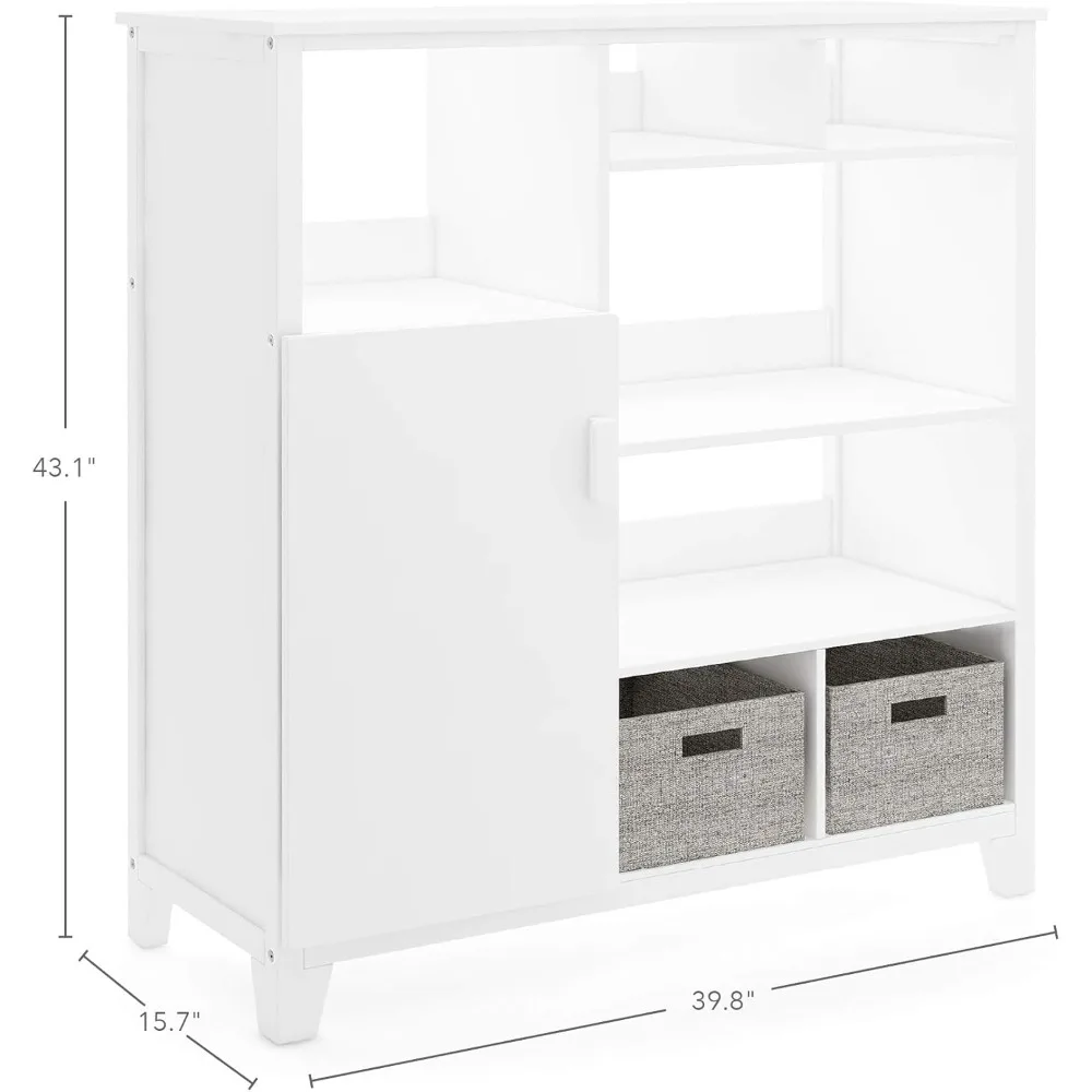 Kids' Media System-: 43 Inch Wooden Cubby Storage Organizer Bookcase with Fabric Bins for Bedroom and Playroom
