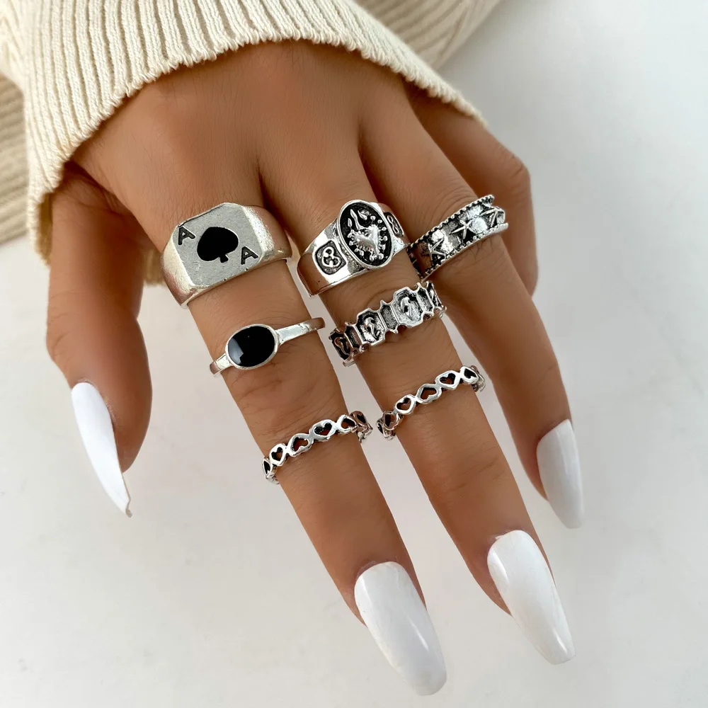 Vintage Silver Color Skull Heart Rings Set For Women Men Gothic Chain Retro Rings Trend Fashion Jewelry ring set silver ring chain ring finger ring gold color ring gold color rings adjustable rings