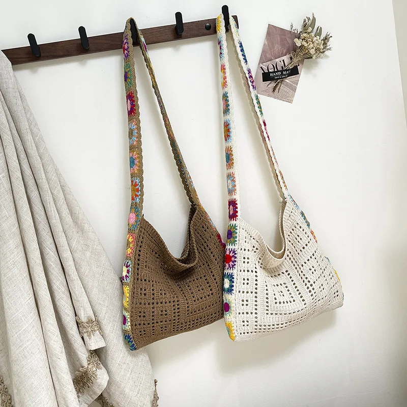 Large Capacity Boho Tote Bag Trendy Floral Crochet Handbag Vintage Multicolor Cut-out Knitted Handbag Fashion Hollow out Bag