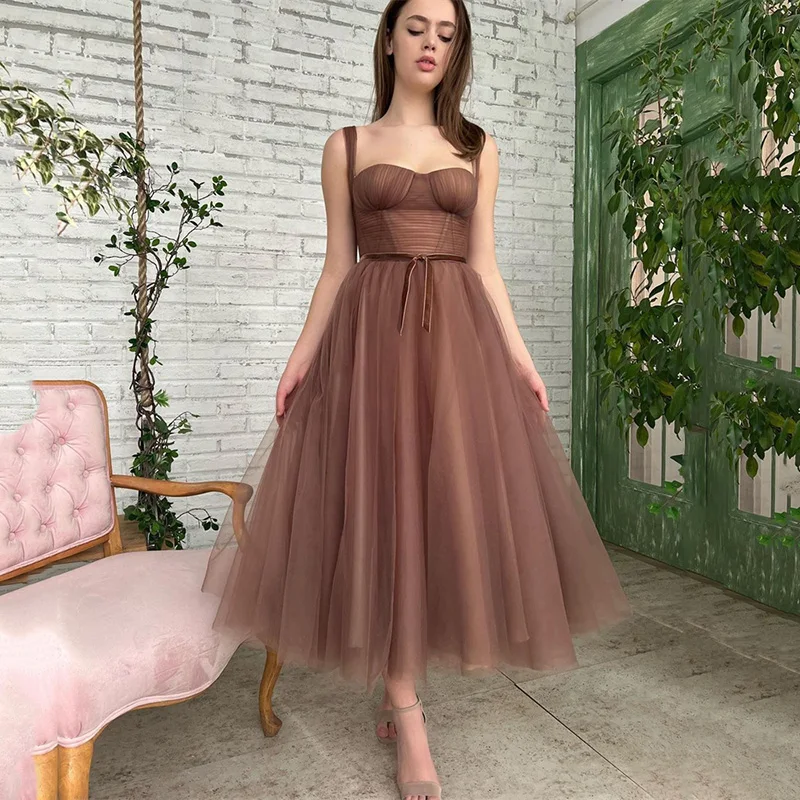 Brown Prom Dresses Pleated Spaghetti Straps Tea Length Formal Women Evening Party  Gowns Velvet Belt Graduation Dress Couture - Prom Dresses - AliExpress