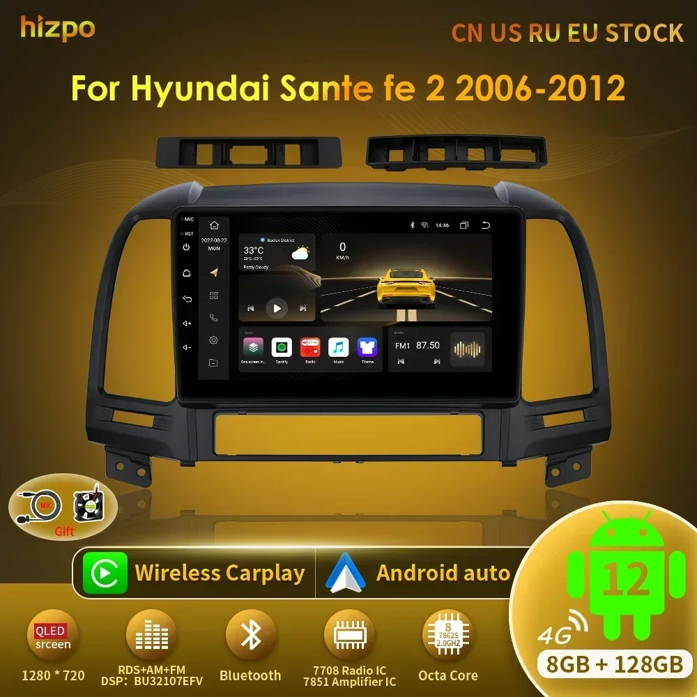 Hizpo Android DSP Car Radio For Hyundai Santa Fe 2 2006-2012 Multimidia Video Player Navigation GPS 2din Head Unit Carplay 7862