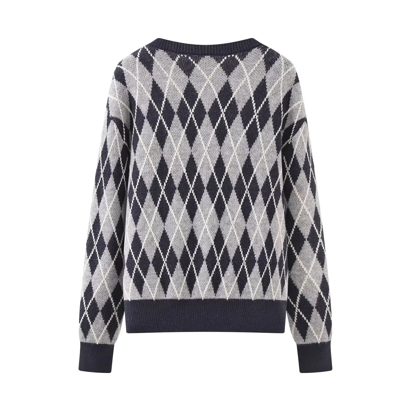 Women's New American Retro Knitted Sweater Female V-Neck Diamond Plaid Pullover Lady Casual Versatile Long Sleeved Knitted Top