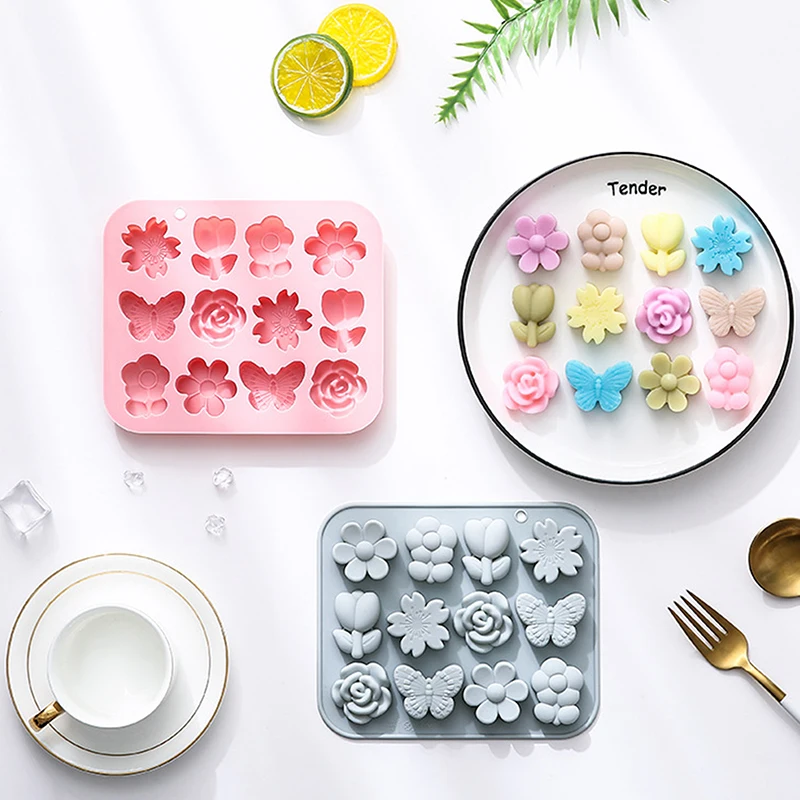 12 Grids 3D Different Flower Butterfly Shapes Silicone Mold Chocolate Candy Cake Jelly Mold Fondant Baking Food DIY Tool