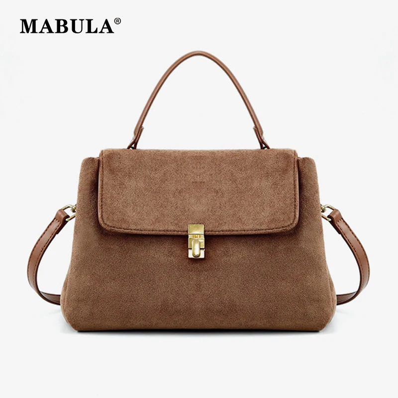 

MABULA Faux Suede Leather Top Handle Purse for Women Retro Small Fashion Satchel Bag Simple Female Flap Cover Crossbody Handbag