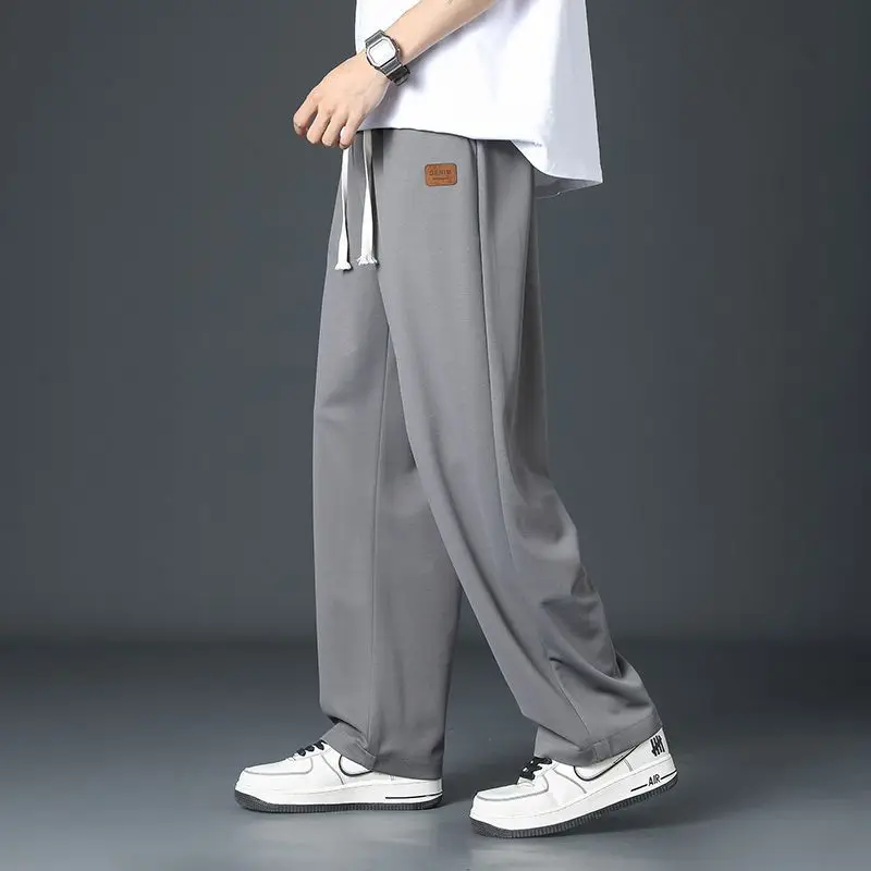 Men's Wide Leg Pants Summer Thin Ice Silk Patch Classic Boy Casual Loose Straight Cylinder Waist Drawstring Motion