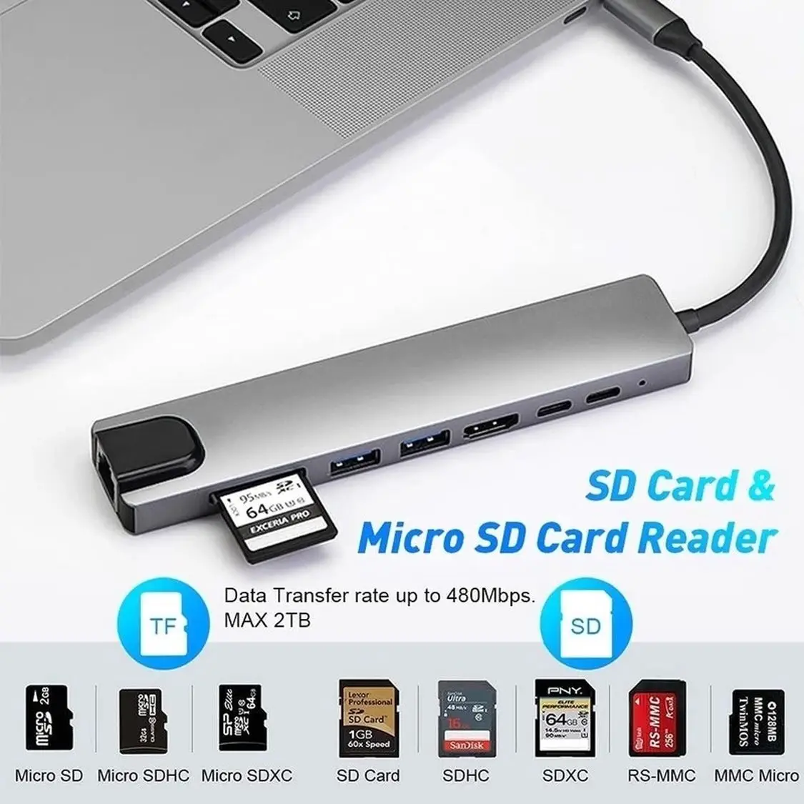 

USB-концентратор 8 в 1, USB 3,0, картридер для SD/TF-карт