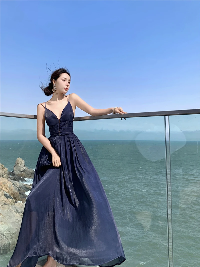 Summer New Spaghetti Strap Long Dresses for Women V-neck A-line Evening Party Dress Backless Prom Robe One Piece Vestido Mujer