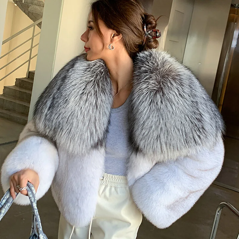 

2023 Winter Fur Coats Large Silver Fox Collar Full Pelt Fox Fur Jackets Top Quality Luxury Outerwear For Women Lady FOX5226