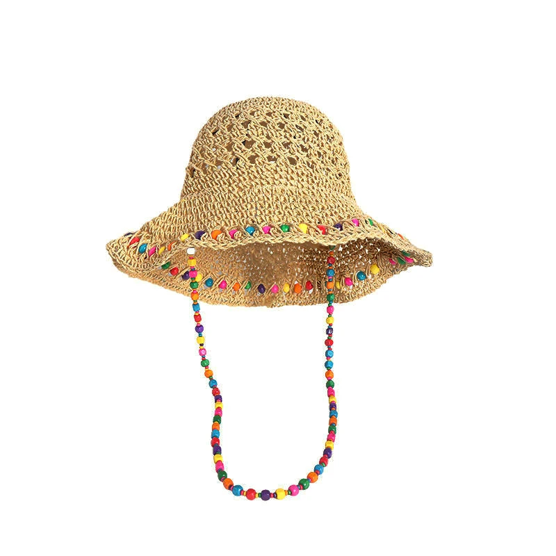 Boho Farbige Perlen Stroh Sommer Strand Reise Sonnencreme Eimer Hut Retro Vielseitig Hohl Große Krempe Strand Strohhut Faltbar – Detail 8