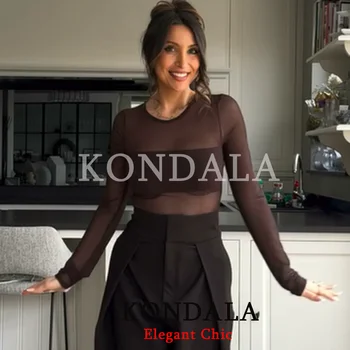 KONDALA Trendy Sexy Sheer Bodysuit Long Sleeve Bodysuit Fashion 2026 Spring Summer Party Holiday Date See-Through Lady Tops