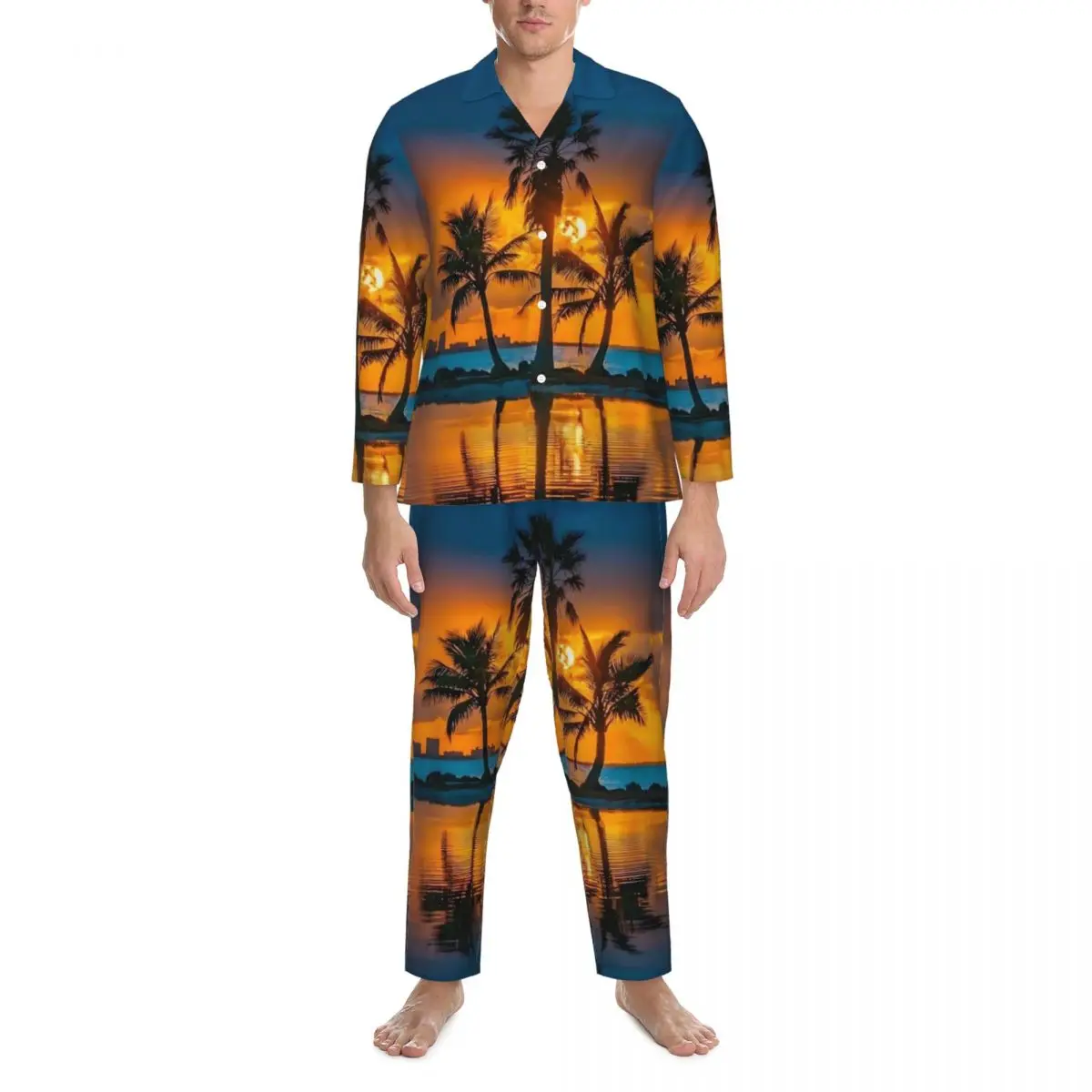 

Пижама Мужская с пальмовыми деревьями, одежда для сна для отдыха, закат, принт, 2 предмета, повседневный свободный пижамный комплект с длинным рукавом, теплый домашний костюм оверсайз