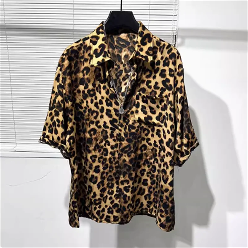 

Summer original irregular print ice silk high quality leopard print shirt