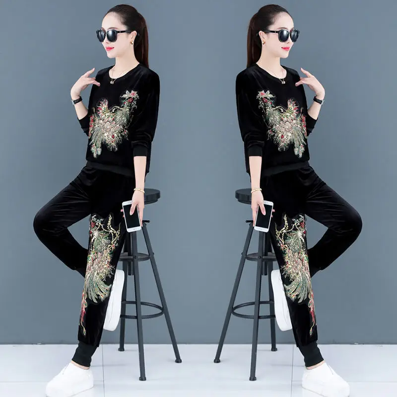 

Women's New Fashion Set Heavy Printing Stitching Spring and Autumn Velvet Casual Sweatpants Set Two Pieces of Women