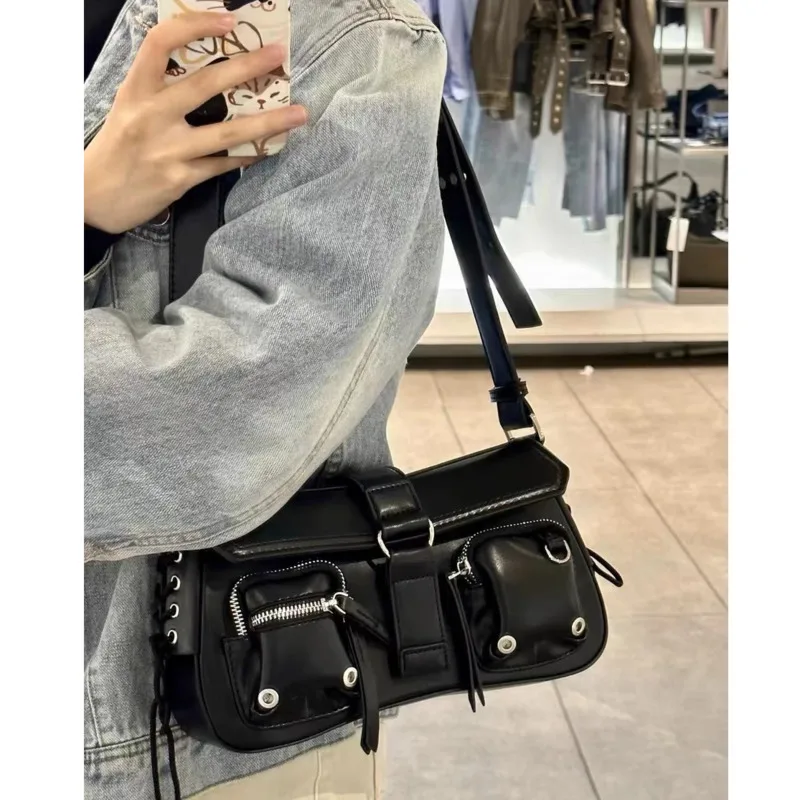 Vintage PU Leather Black Handbags Punk Harajuku Underarm Shoulder Bags Trend Multiple Pockets Zipper Crossbosy Bags For Women