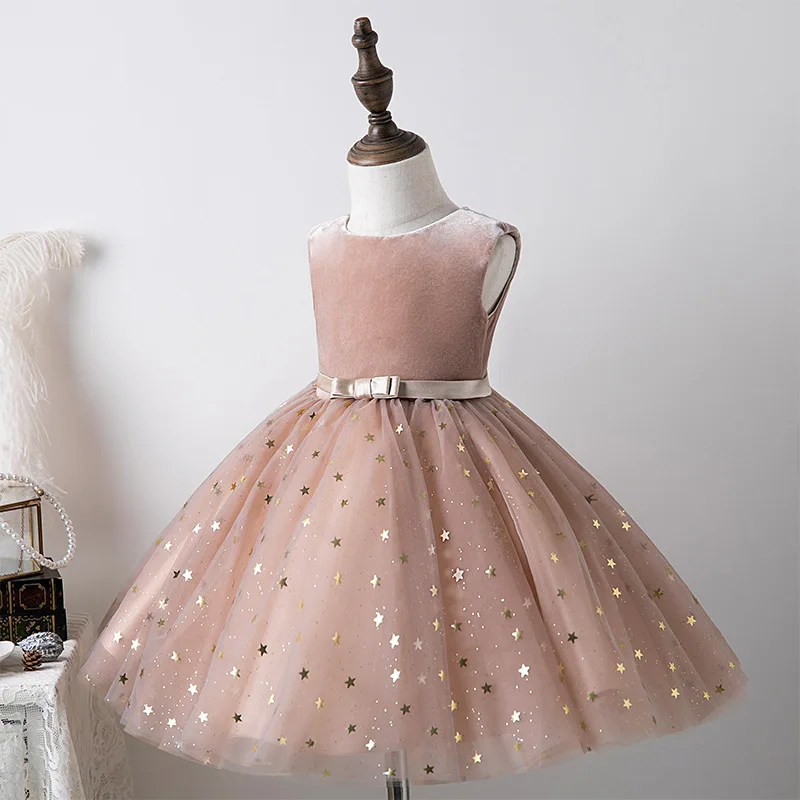 

Velvet Sleeveless Girls dress for Party Wedding Dress Sequins bow Baby Princess tutu dress 2023 Summer new Kids Dresses