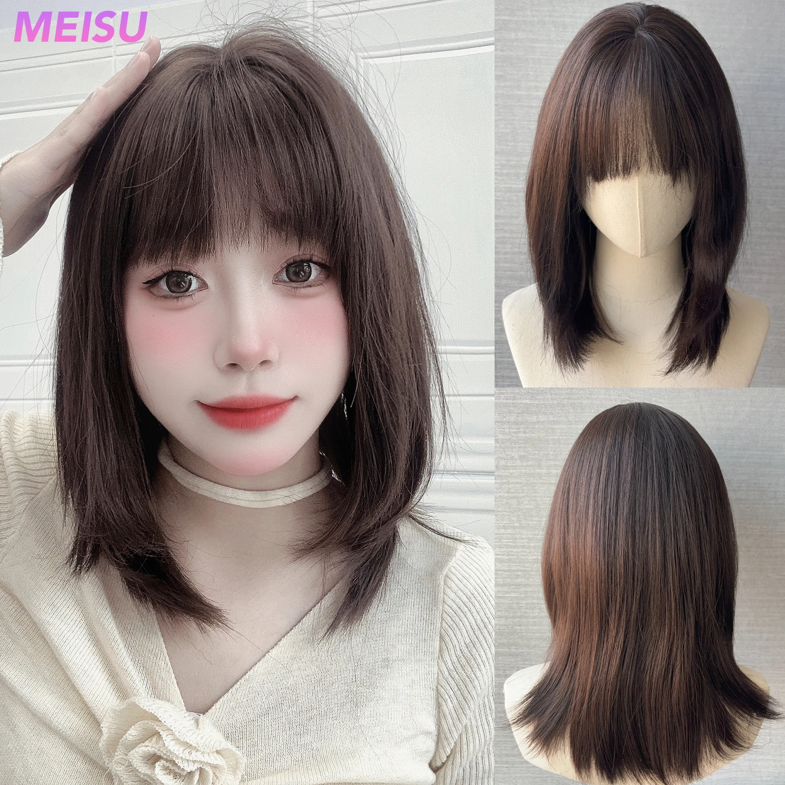 Meisu Brown Curly Wave Parrucche Air Bangs Fibra Da 24 Pollici Capelli Sintetici Resistenti Al Calore Onda Profonda Dolce E Naturale Party O Selfie