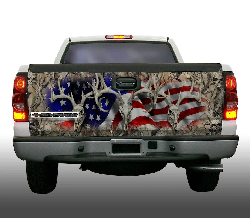 

American flag buck skull obliteration human skull camouflage truck tailgate wrap