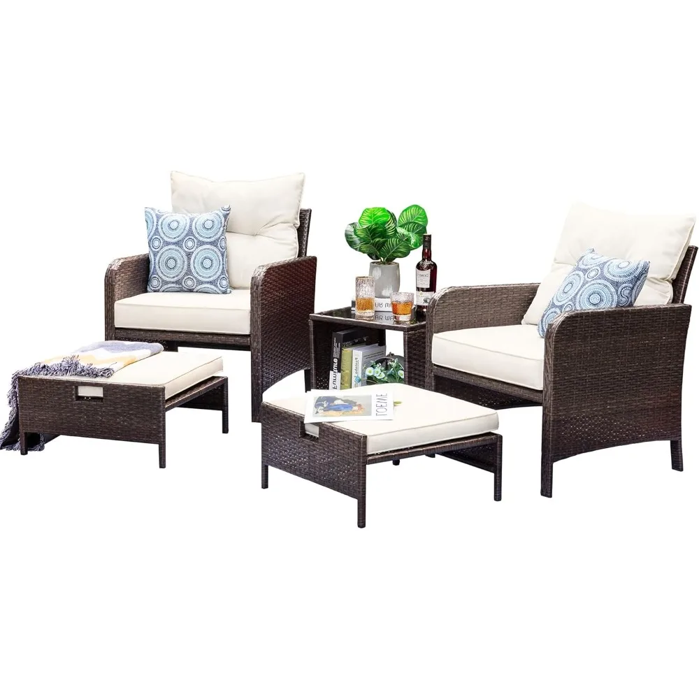 

All Weather PE Rattan Conversation Set with Cushioned Patio Lounge Chairs Table for Lawn Garden Pool Ottoman Underneath Set