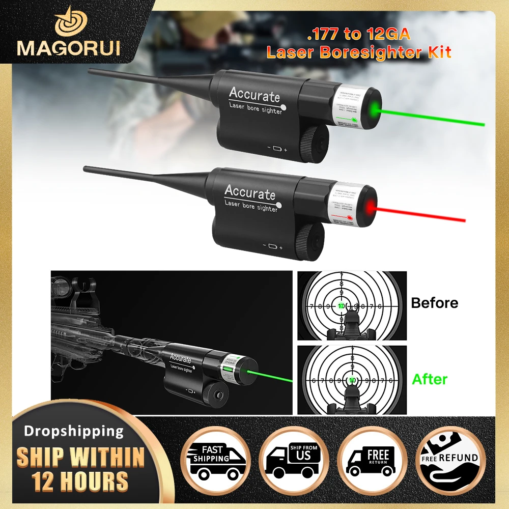 Magorui Green Red Laser Bore Sight Kit for .177 to 12GA Rifles Pistol Barrel Laser Boresighter