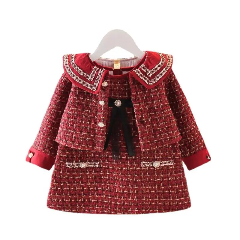 

Girls Clothing Set Toddler Autumn Winter Long Sleeve Cardigan Jackets+sleeveless Dress 2pcs Children Clothing Warm Set 0-4Y