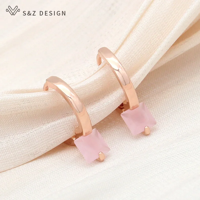 S&Z DESIGN New 585 Rose Gold Color Square Crystal Dangle Earrings For Women Wedding Jewelry Trendy Cubic Zirconia Eardrop Gift