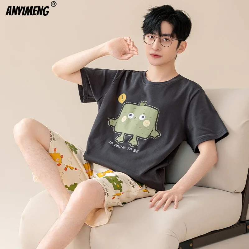 Cotton Mens Shorts Summer New Male Short Sleeves Pajamas High Quality Pj for Boy Sleeping Lingerie Man Cartoon Sleepwear