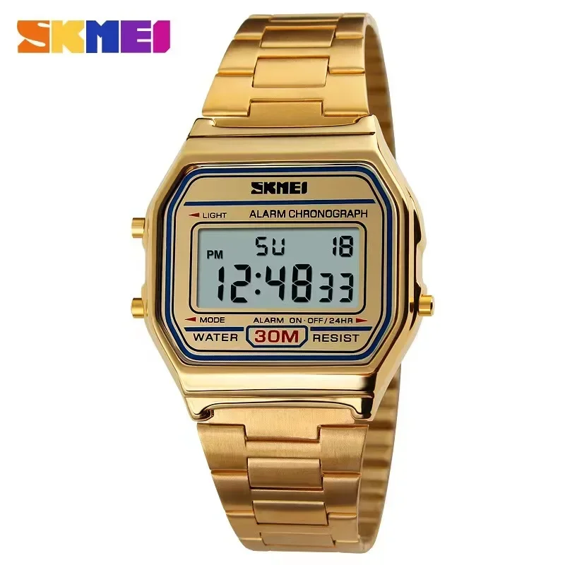 Skmei-Reloj Digital con correa de acero inoxidable para Hombre, cronógrafo con pantalla LED, 3Bar, resistente al agua, informal, deportivo, 1123