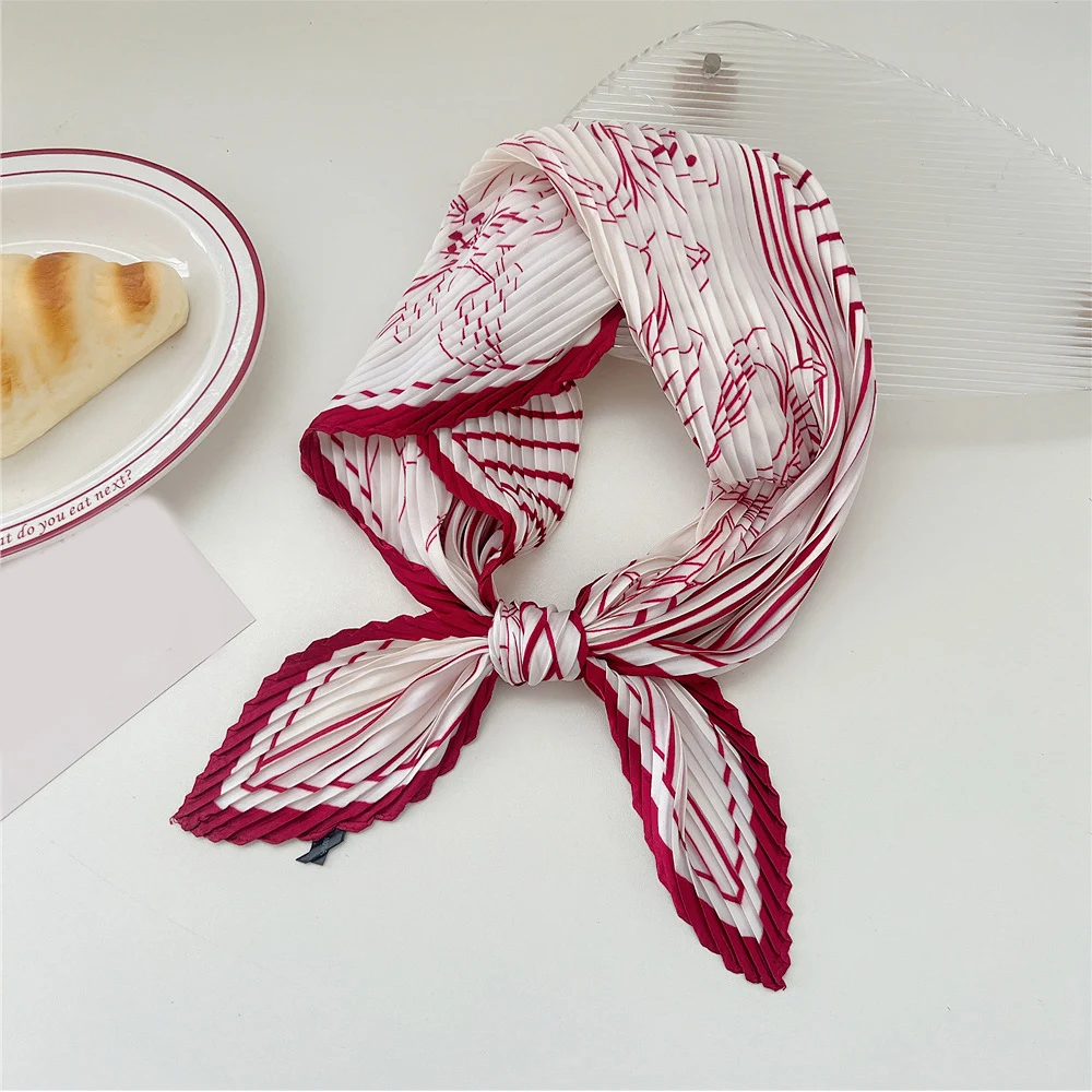 New Floral Print Pleated Silk Scarf Square Neck Scarves Crinkle Hair Bands Scarf Bandana Satin Hijab Head Wraps Neckerchief 4