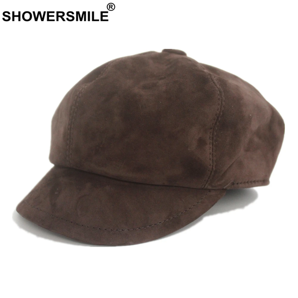 SHOWERSMILE Black Genuine Suede Leather Newsboy Cap Ladies Beret Autumn Winter Hats for Women British style Female Painter Hat