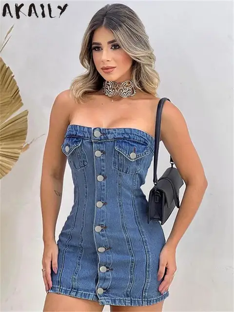 Akaily Spring Sexy Off Shoulder Mini Dress Club Outfit For Women 2023 Strapless Single Breasted Denim Dress Backless Short Dress 1