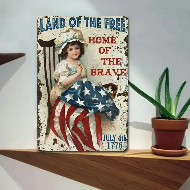 1pc Vintage Patriotic Wall Art, Land of the Free Home of the Brave Metal Sign, 8x12 Inch Decorative Plaque forIndoorDisplay - Image 2