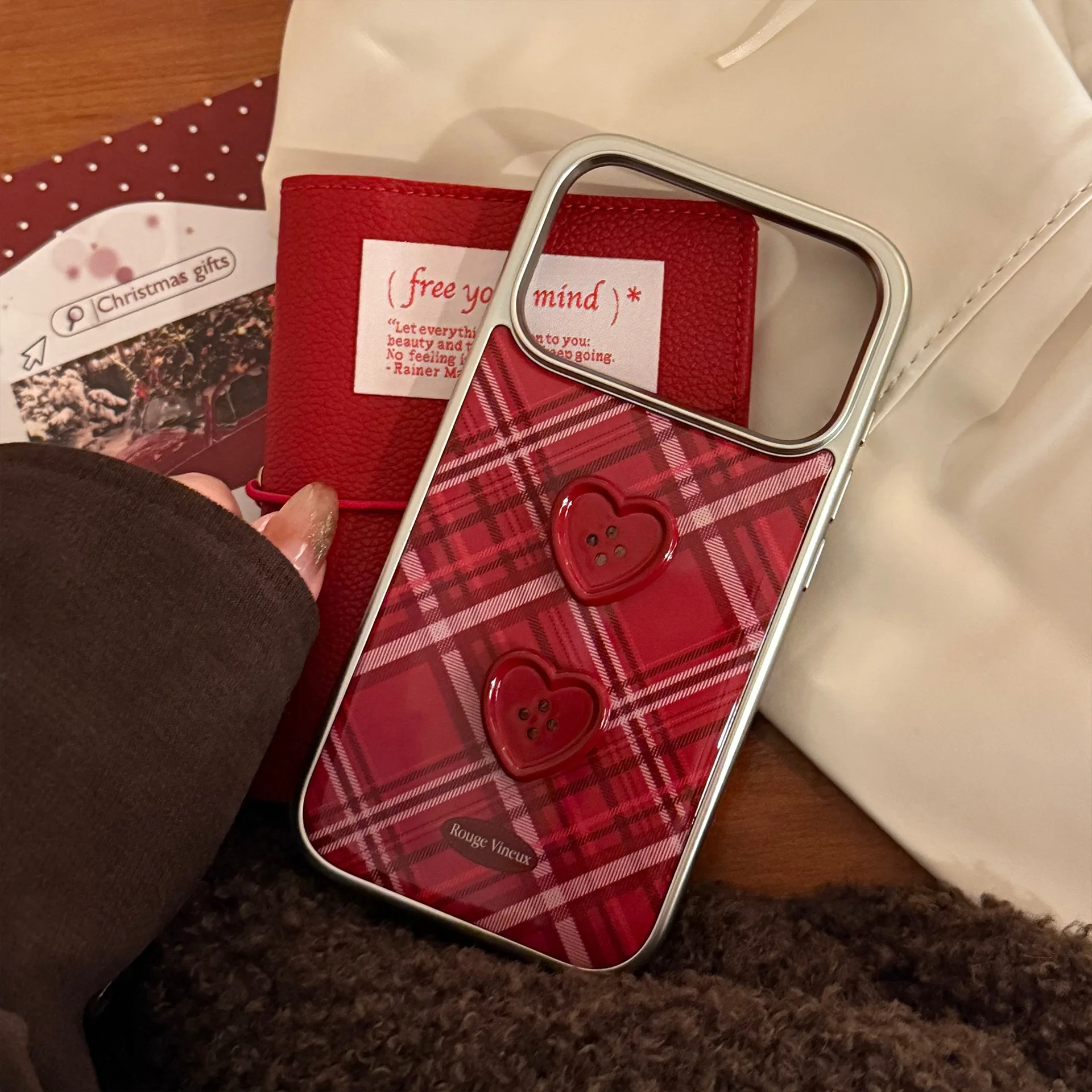 Grid Pattern 3D Love Heart Button Phone Case with Silver Edge Plating - Shockproof Hard Cover