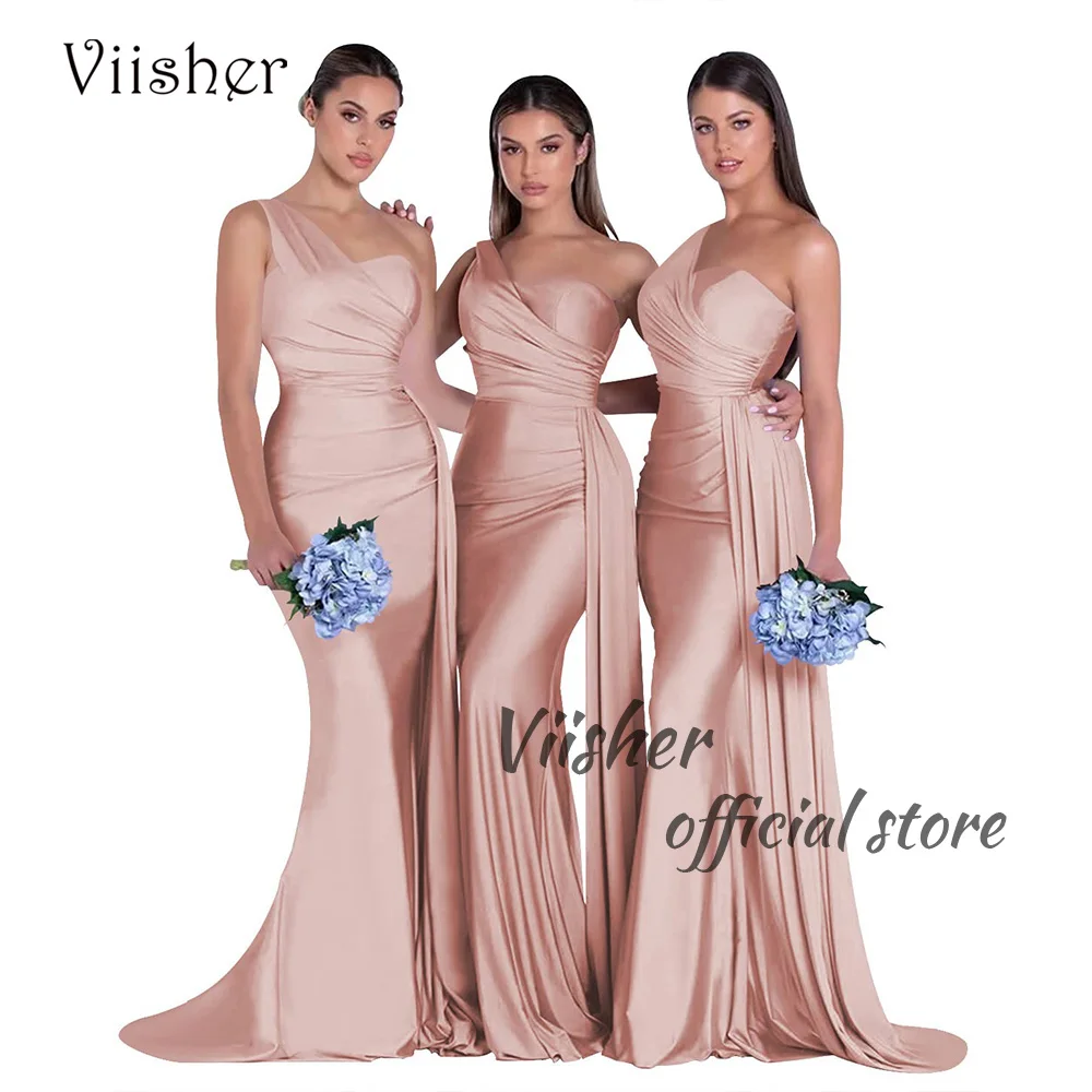 

Viisher One Shoulder Mermaid Bridesmaid Dresses for Women Pleats Satin Sexy Bodycon Bridesmaid Dress with Skirt