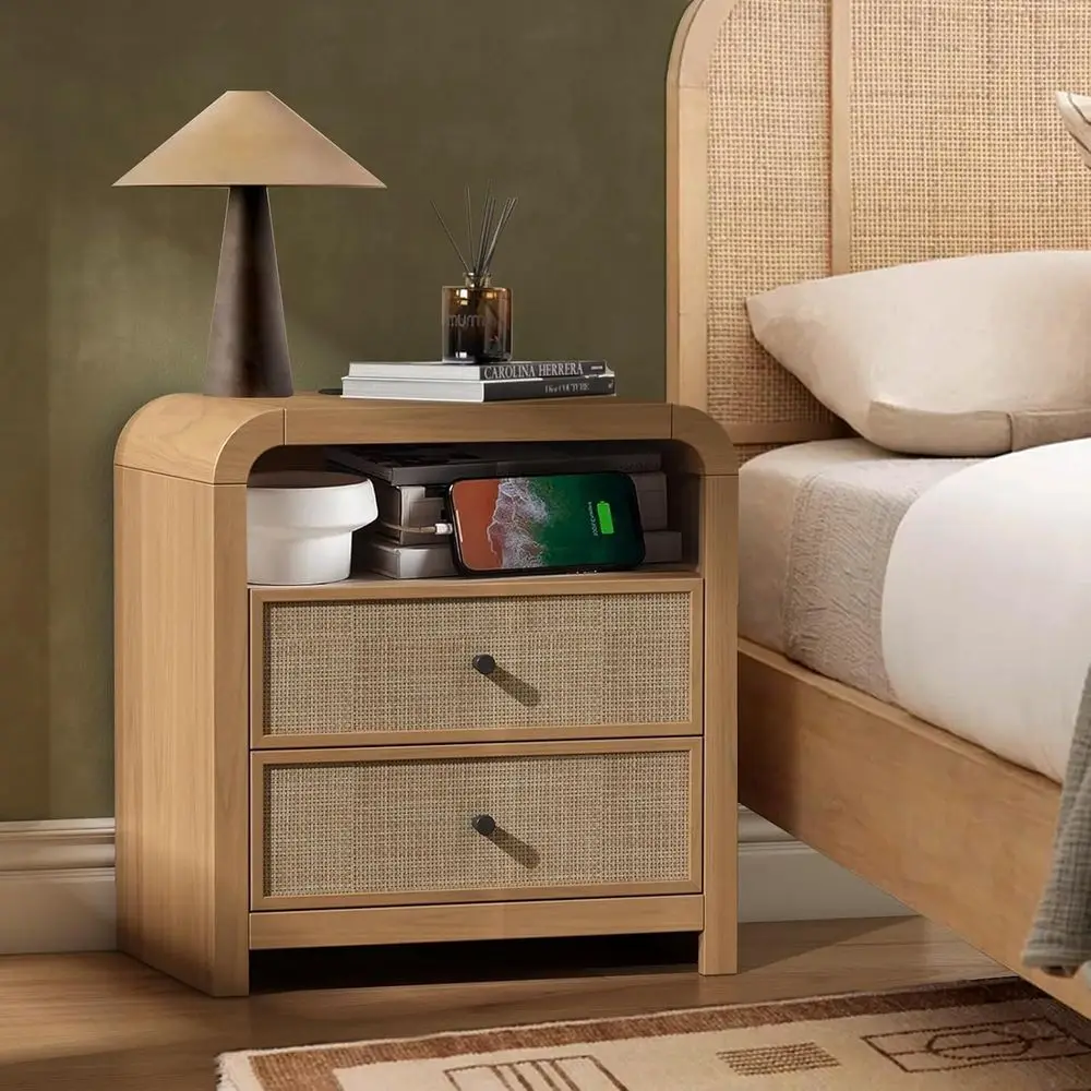 Elegant 2 Drawer Rattan Chest with Spacious Storage, Curved Design for ...