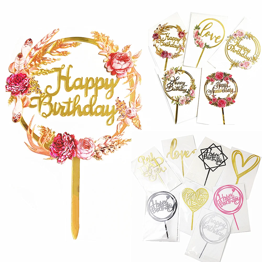 

Hot Sell Cake Topper Happy Birthday Anniversary Party Gold Silver Cake Insert Acrylic Cake Decoration Wedding Cake Dessert Decor