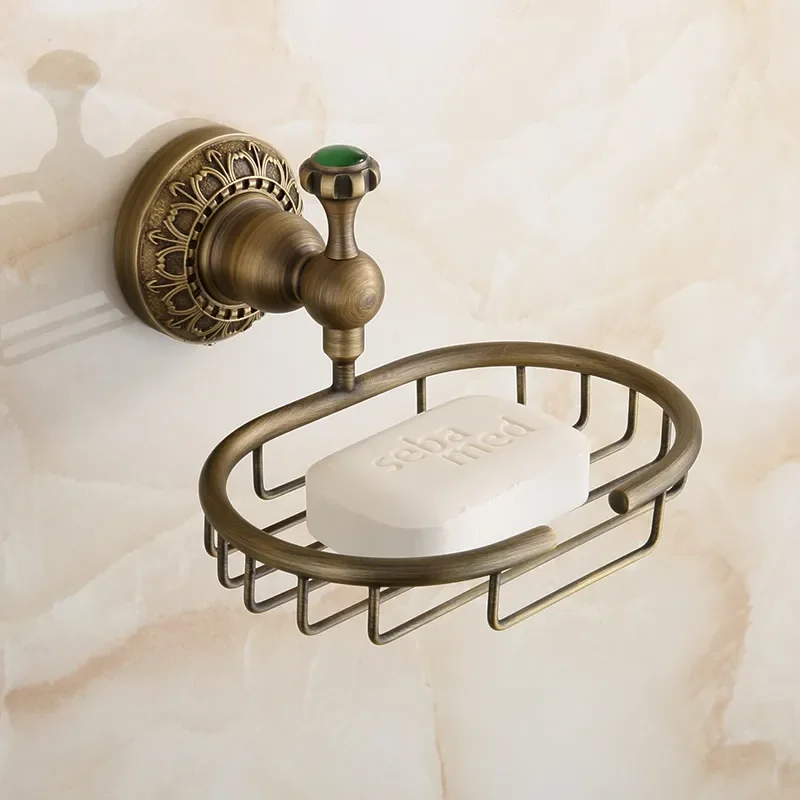 

Luxury Green Crystal Soap Basket Soap Box Europe Antique Bathroom Soap Dish Holder Wall Mounted Bronze Bathroom Accessories