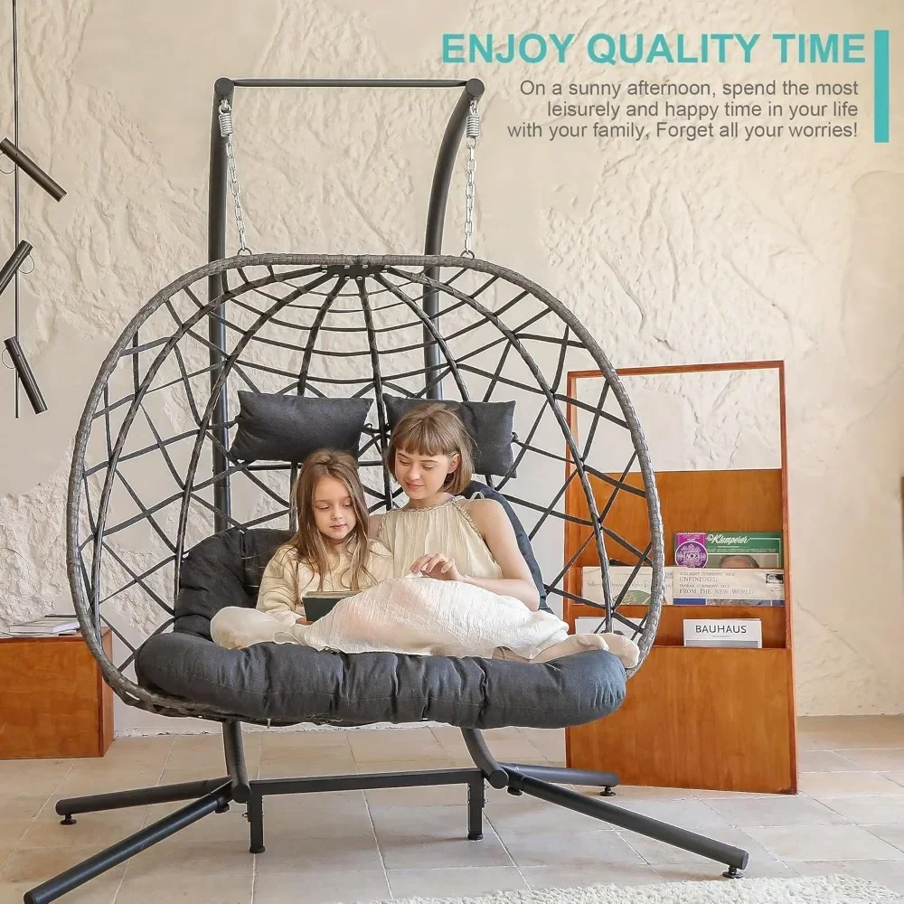 Double Egg Swing Chair with Stand, 2 Person Wicker Hanging Chair with Stand, Outdoor Indoor Oversized Hammock Chair 6