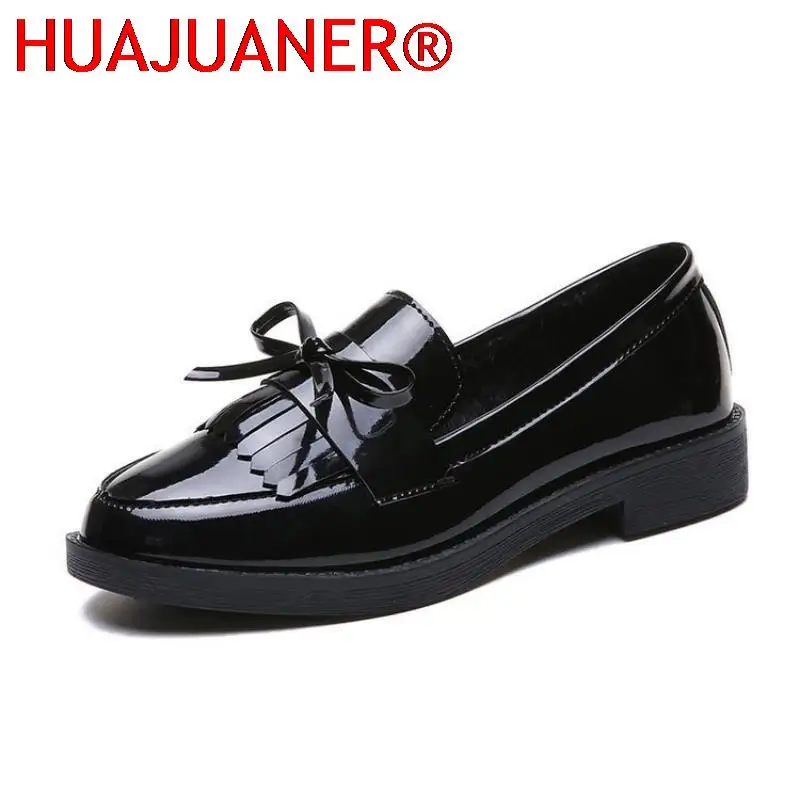 Black Patent Leather Women's Loafers Platform Slip on Shoes for Women 2025 New Spring British Tassel Casual Flats Shoes Woman