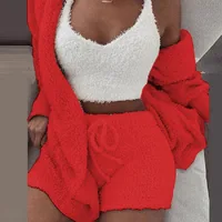 3PCS/Set Thickened Warm Sleepwear Winter Women Long Plush Long-Sleeved Revealing Vest Shorts Student Homewear Solid Fashion - Image 5